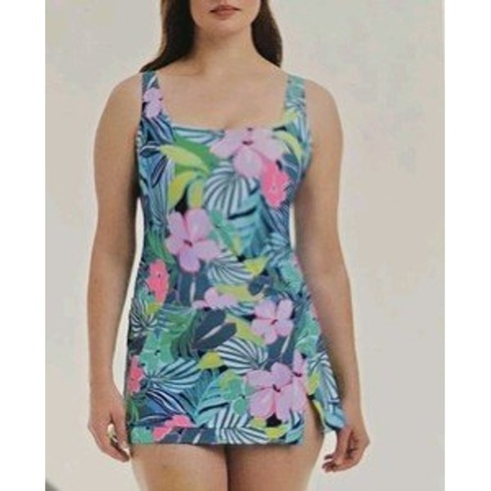 Beyond Control NWOT Tropical Floral Swim Dress Tummy Control Underwire Blue XXL
